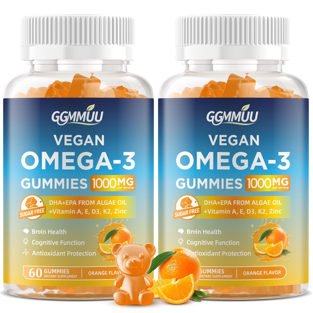 2パックビーガンオメガ3グミー1000MGアルガルオイルオメガ3アルファDHA 600mg&EPA 300mg魚油代替 - 目&免疫健康、オレンジ味、120カウント