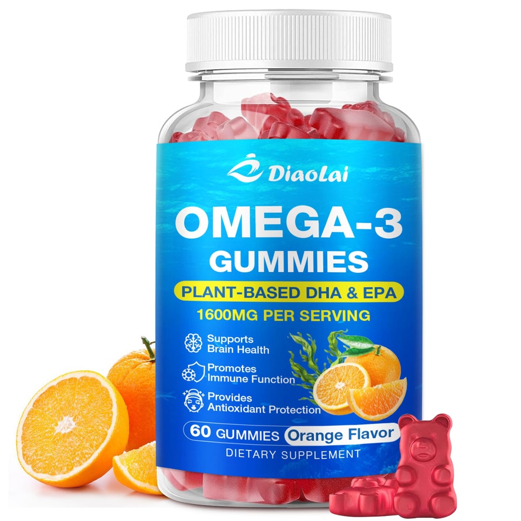 大人のためのビーガンオメガ3グミー - 砂糖フリー、藻ベースのDHA 600mg&EPA 300mg、ビタミンA、C、E、亜鉛 - オメガ3魚油代替、60カウント