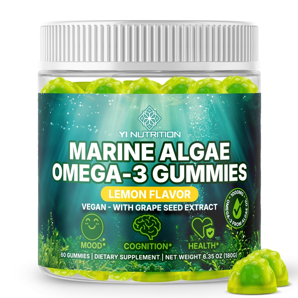 3400mg+のマリン藻オメガ3グミー  DHA/EPA/ALA、20:1グレープシードエキス、ビタミンC&フォーレート ハート、脳&皮膚 植物ベースの砂糖フリー、60Ct