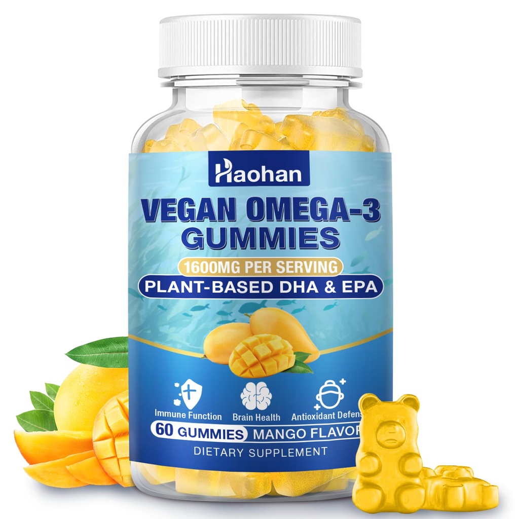 大人、オレンジ味のためのオメガ3グミー - 砂糖フリー、藻由来DHA 600mg&EPA 300mg、ビタミンA、C、E、亜鉛、60ガミー
