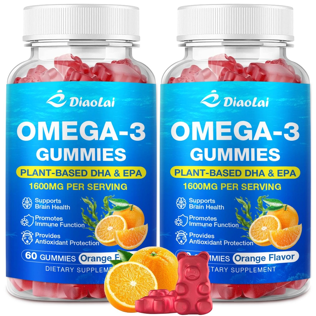 大人のための2パックビーガンオメガ-3グミー - 砂糖フリー、藻ベースのDHA 600mg&EPA 300mg、ビタミンA、C、E、亜鉛 - オメガ3魚油代替、120カウント