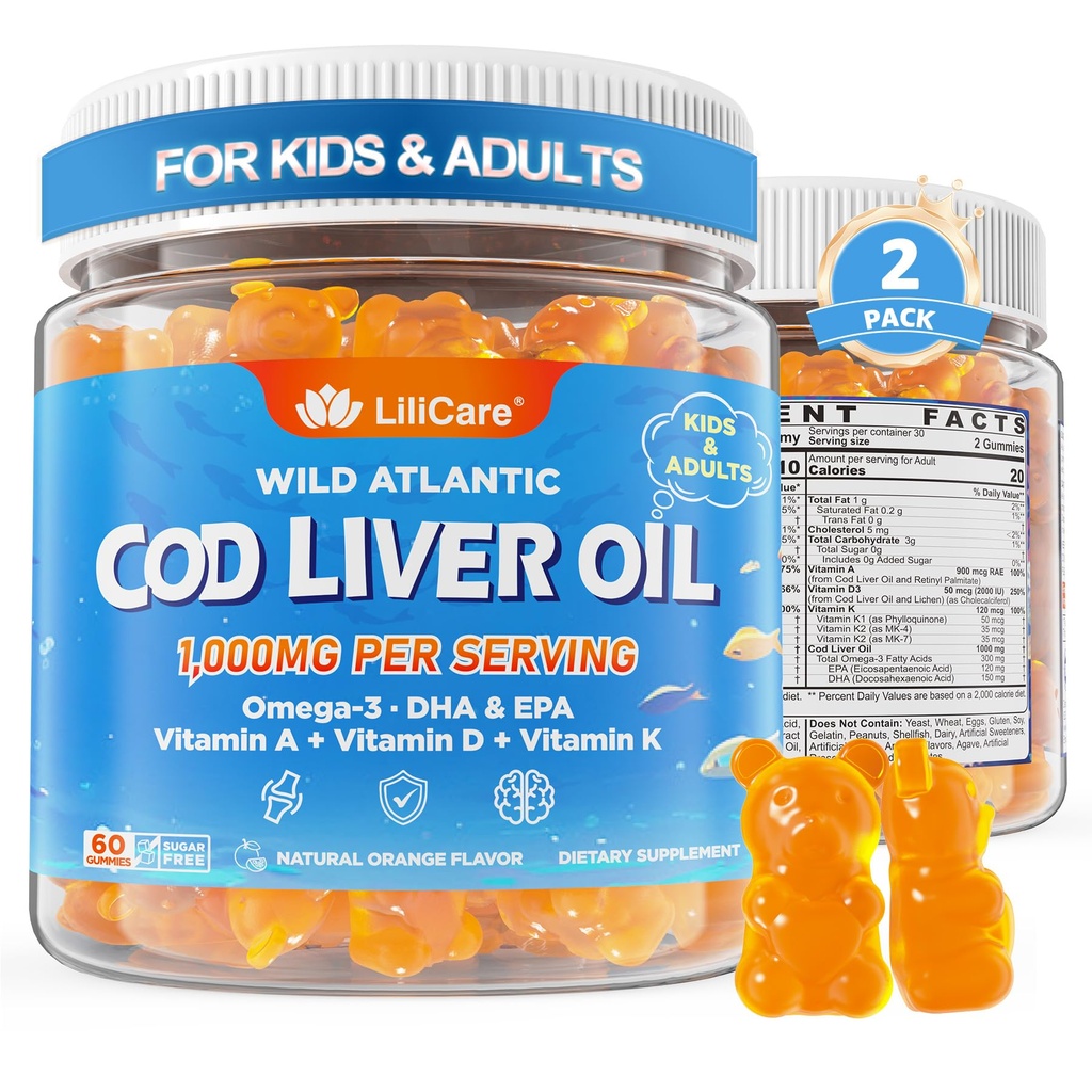 キッズ&大人のためのタラ肝油ガミー1000mg - w /オメガ3(EPA&DHA)、ビタミンA、D3&K2 - 免疫、脳&認知サポート、砂糖フリー、オレンジ味、120Ctsのためのタラ肝油オメガ3グミー