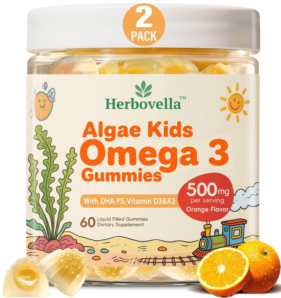 キッズオメガ3グミー2パック、Vegan Algae DHA 420mgとPS、ビタミンD3 K2、砂糖無料、魚油なし、子供のための脳&フォーカスサポート、120グミー