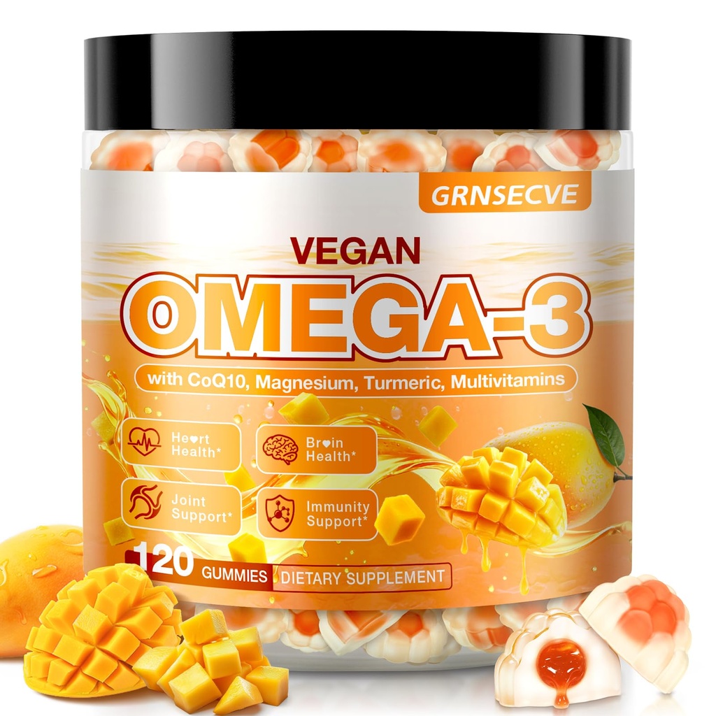 ビーガンオメガ3グミー - 魚油オメガ3は、大人のための代替 - Algae DHA 600mg&EPA 400mg、ビタミンD3 K2 - 魚の味なし - 脳、目、免疫サポート - 砂糖無料、120カウント