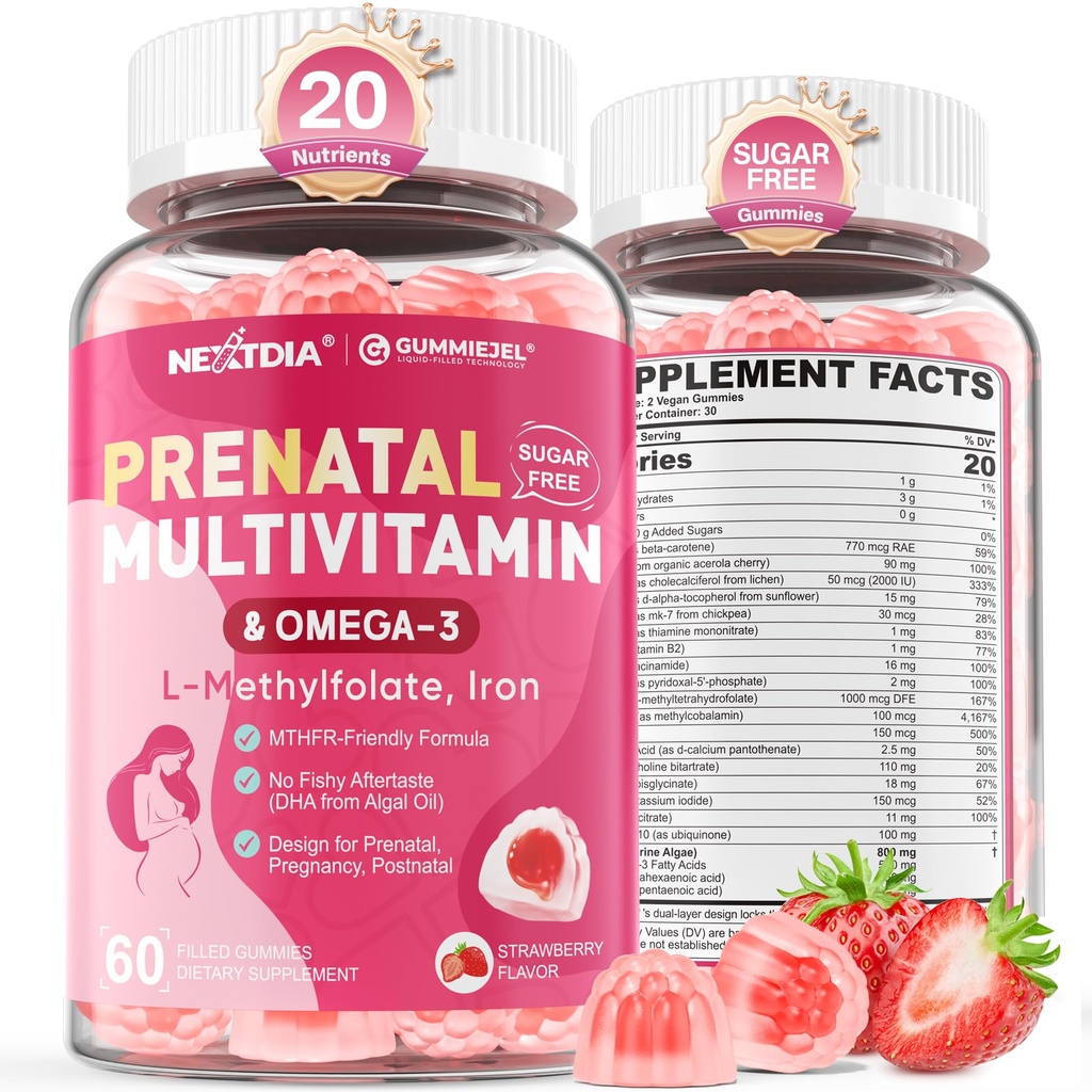 女性のガミー、Methylfolate 1mg、ビーガンオメガ3 DHA 800mg、鉄、コリン、ヨウ素、ビタミンD3 B6 B12のためのプレナタルビタミン - 前に女性のためのマルチビタミン、耐久性、砂糖無料、60カウント