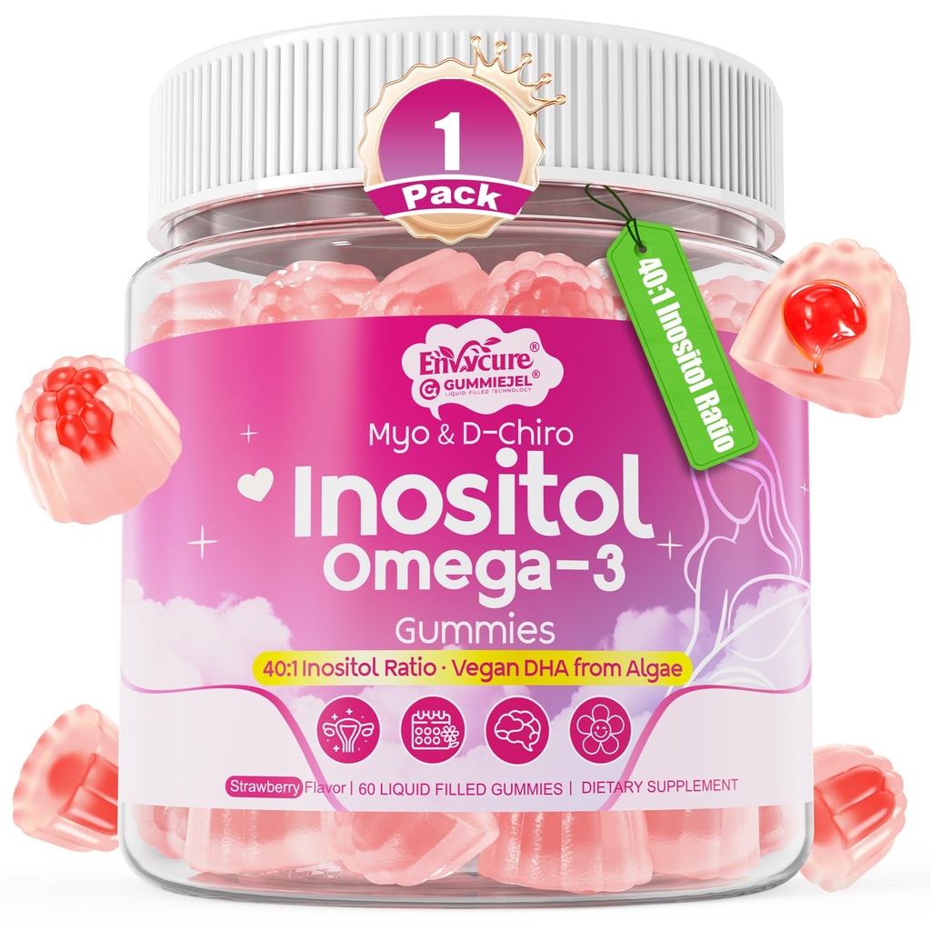Myo-Inositol & D-Chiro 理想 40:1, Inositol + Omega-3(3:1) Gummies, 女性のためのホルモンバランス | 砂糖無料イノシトールガミー w/Omega 3 DHA:EPA (3:1), サイクル健康のためのイノシトールサプリメント, ビーガン, 60 Ct