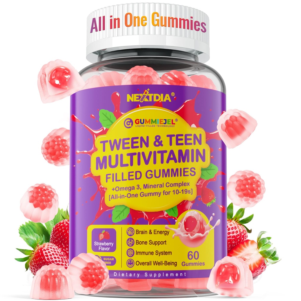 Nextdia Multivitaminは、ティーンボーイズガールズ12-17、18、19、キッズ10 +マルチビタミンOmega 3、カルシウム+マグネシウム+亜鉛、青年10-19S脳、骨、エネルギー、免疫のためのマルチミネラルのためのグミーを満たしました