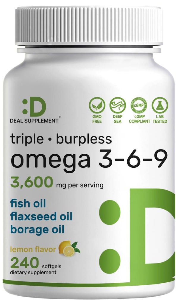 トリプルオメガ3-6-9フィッシュオイルは3,600mg - 240フラックスシードオイル&ボレーオイルコンプレックスとSoftgels - ハイEPA + DHA - Burplessピル、レモン風味、ワイルドキャッチ - ハート、ジョイント、および脳サポート