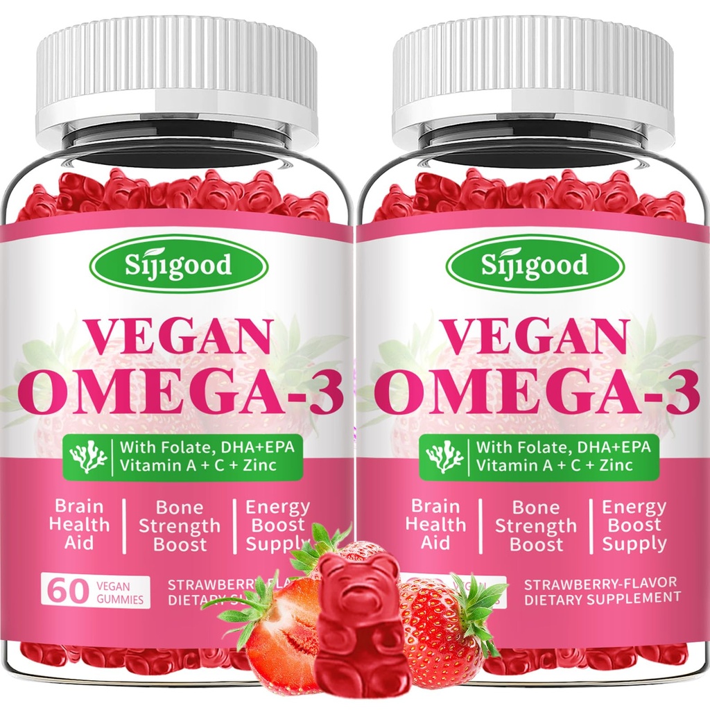 Omega-3 グミー ポテト アルゲー オメガ ソース, ブースト 脳, 目 & 免疫機能, DHA と EPA ビーガン & 砂糖無料, イチゴ味, 120 カウント