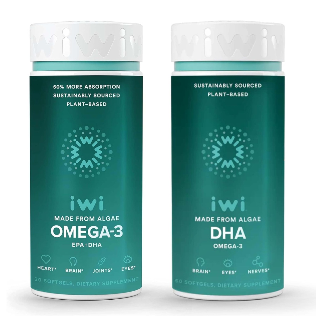Iwi Omega-3&DHA Omega-3バンドル、30サービング、ビーガン植物ベースの藻オメガ3、Krill&フィッシュオイルオルタナティブ、魚介のAftertasteなし