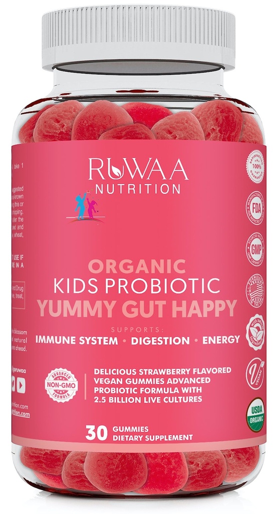 RUWAA NUTRITIONは消化器の健康、免疫サポート、便秘、呼吸のための有機性プロバイオティックのグミをからかいます。 2.5 Billion CFU, いちご風味, 子供の年齢のための咀嚼可能なプロバイオティクス 4+, 30ct (1)