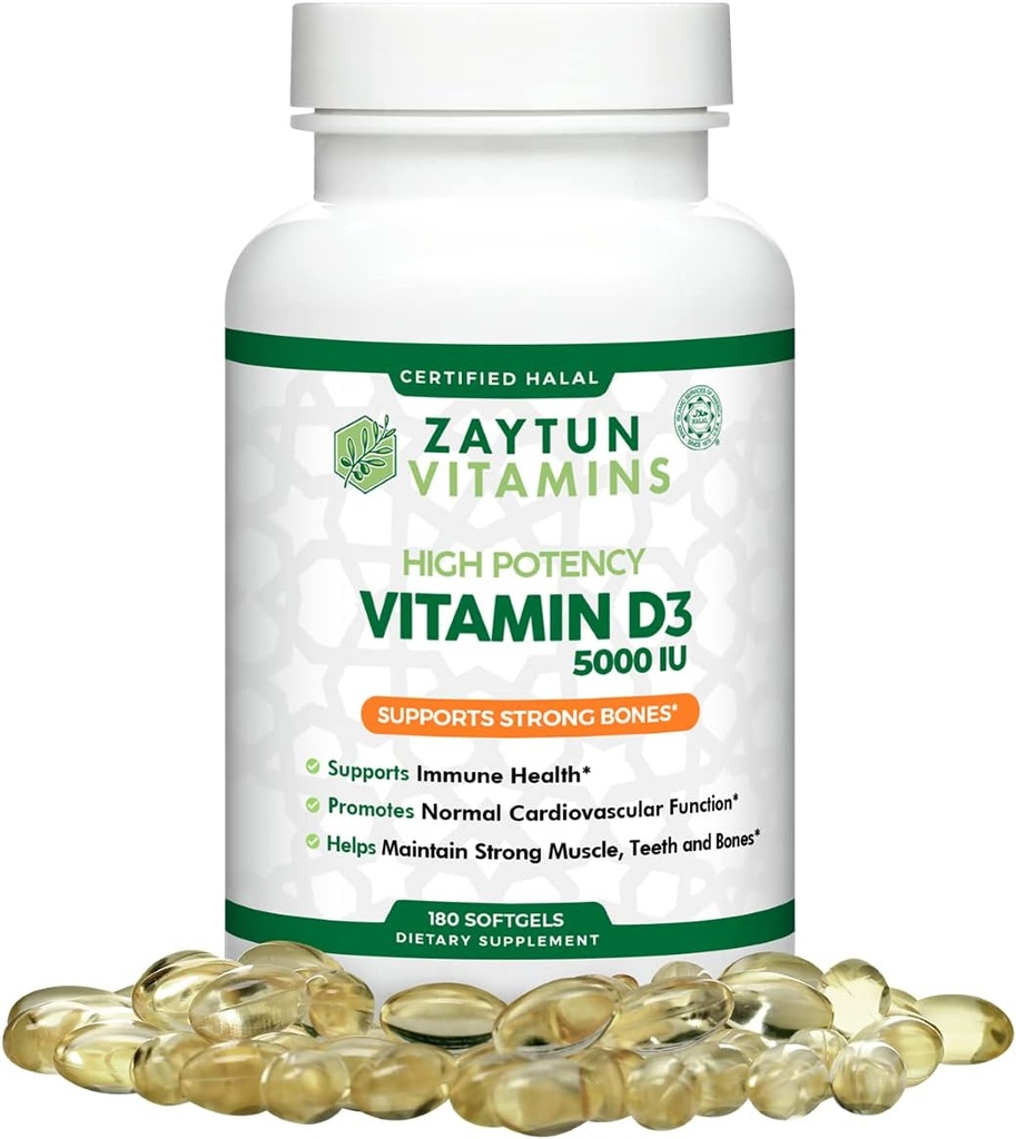 Zaytun のハラール ビタミン D3 5000 IU、180 の小型Softgels、サポート ボンズ、健康な筋肉機能及び免疫、サフワリ油からの優れたビタミン D、供給、非 GMO、グルテンフリー、米国製