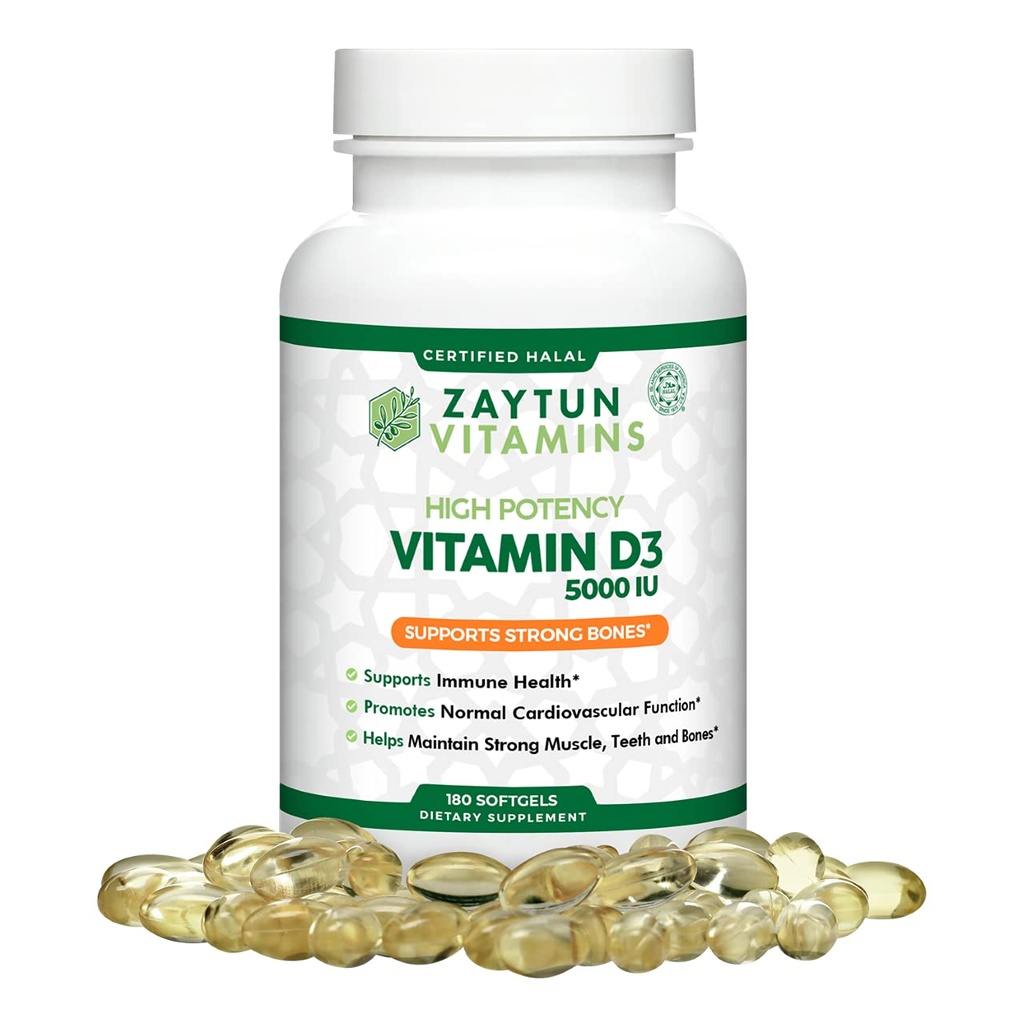 Zaytun のハラール ビタミン D3 5000 IU、180 の小型Softgels、サポート ボンズ、健康な筋肉機能及び免疫、サフワリ油からの優れたビタミン D、供給、非 GMO、グルテンフリー、米国製