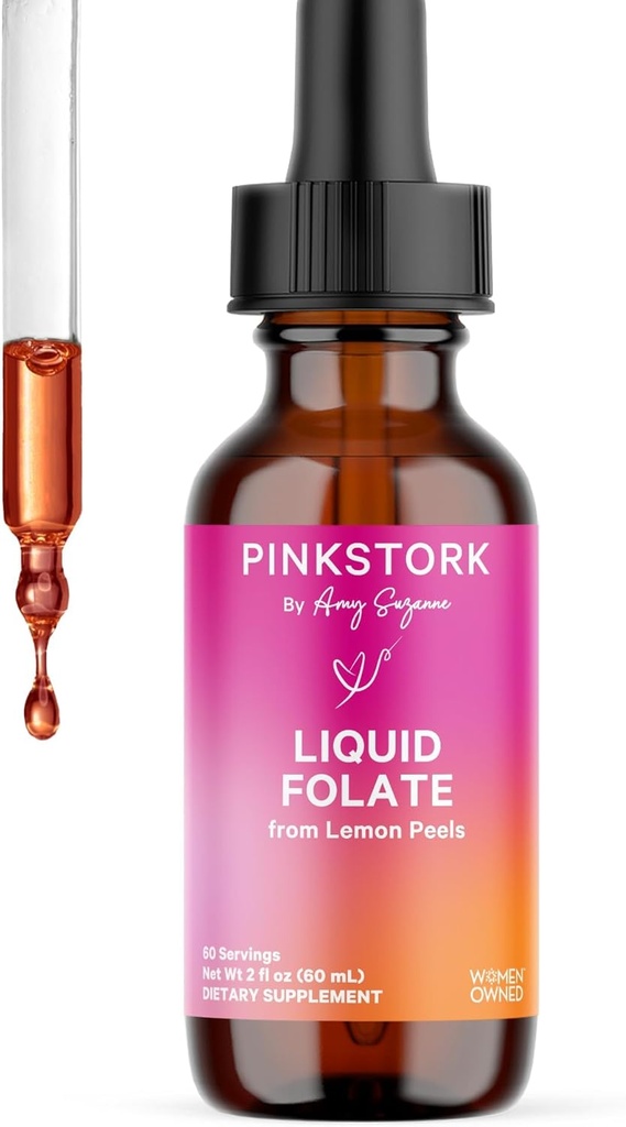 Pink Stork Liquid Folate Drops – 5-MTHF Methylfolate B9 Vitamin | Liquid Folic Acid Alternative for Women | Prenatal Folate, Non-GMO, Vegan, Sublingual Methylfolate Supplement | 2 fl oz