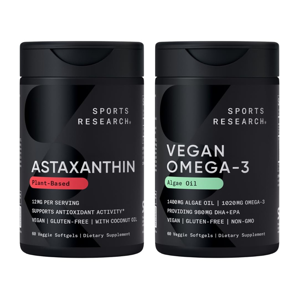 スポーツリサーチ® ビーガン抗酸化サポートパック - Omega-3 Algaeオイルと植物ベースのアスタキサンチンSoftgels 抗酸化活性、皮膚 & 眼の健康 (60 野菜 Softgels 各)