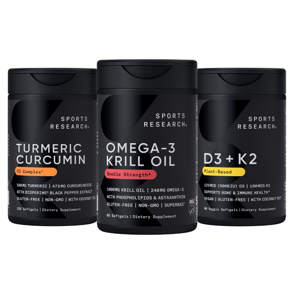 Sports Research Antarctic Krill Oil Omega 3 1000mg (with Phospholipids, Choline & Astaxanthin), Turmeric Curcumin C3 Complex (with Bioperine Black Pepper & Coconut Oil) & Plant Based Vitamin D3 + K2