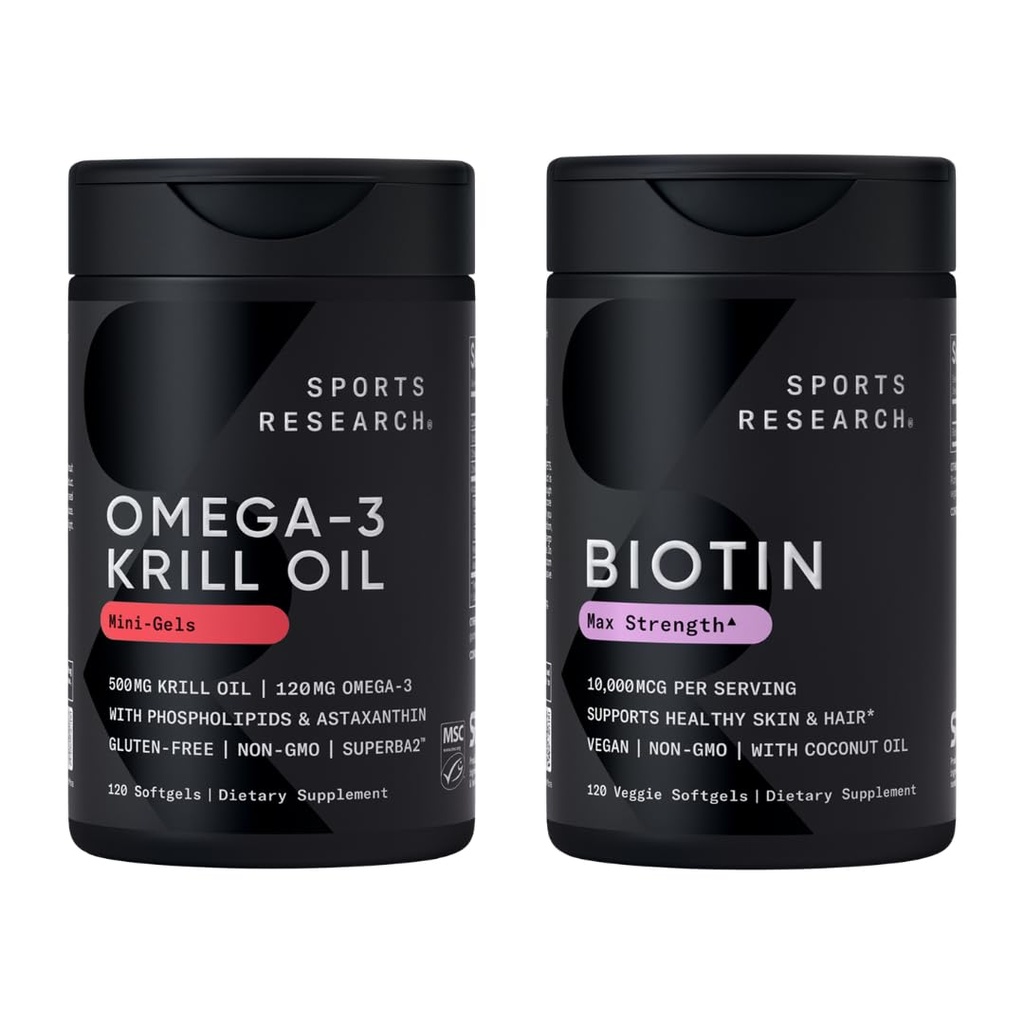 スポーツリサーチ® グローとフローパック - Omega-3 Krill Oil 500mg - 有機ココナッツオイル(ビタミンB7)とコリン&アスタキサンチン&ビオチン10,000mcgとフォスポリディド、コリン&アスタキサンチンとピュアサルバKrill