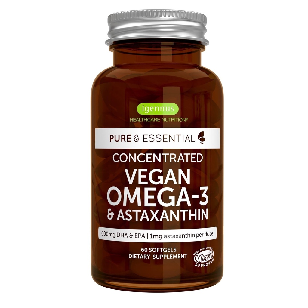 Igennus ビーガンオメガ-3 天然藻油, DHA & EPA, 認定純粋な, 植物ベースの脂肪酸サプリメント, アスタキサンチン抗酸化剤付き, 60 小さな軟ゲル, 2 1 日, 30 サービング