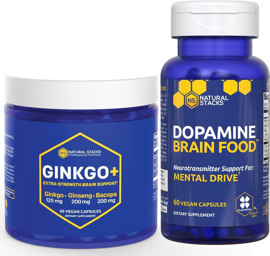 NATURAL STACKS Ginkgo Biloba + Dopamine Brainフードバンドル - フォーカスとメンタルドライブをサポート* - 120トータルカプセル