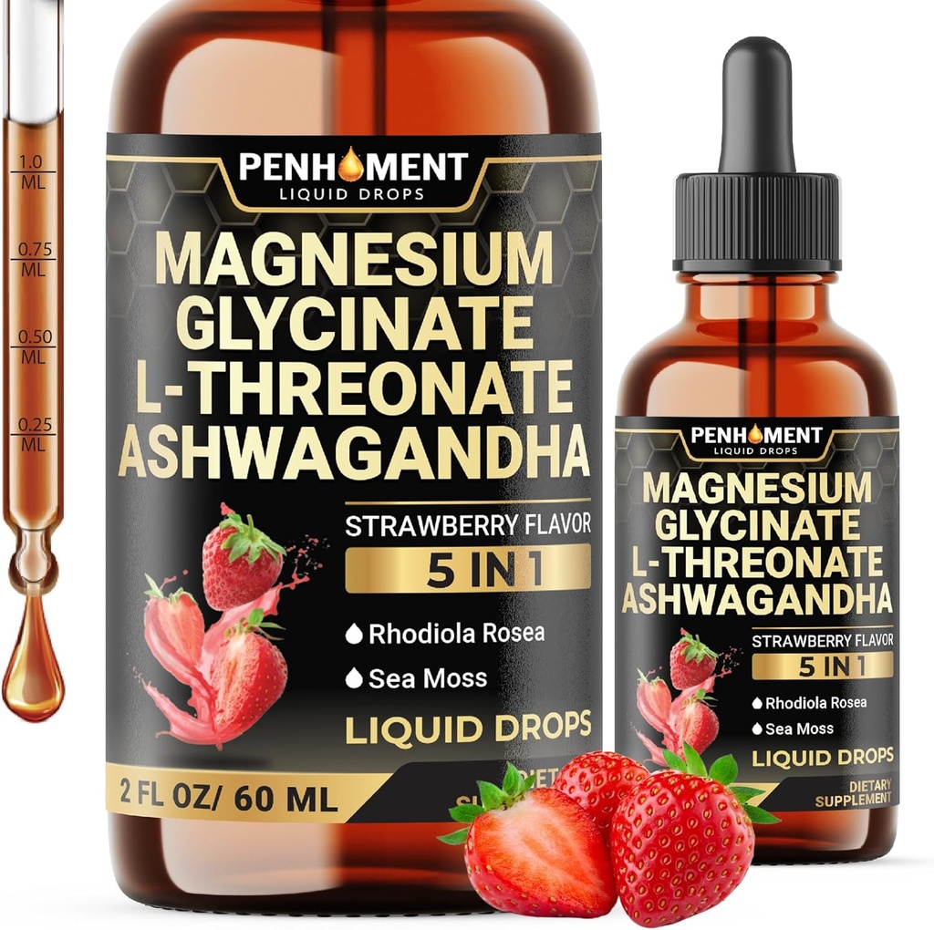 5in1マグネシウムのGlycinateの液体はAshwagadhaのエキス、マグネシウムL-Threonate、Rhodiola Rosea、海のMos -頭脳サポートおよび免疫 - 2 Fl Oz -供給30日-いちごの味と低下します