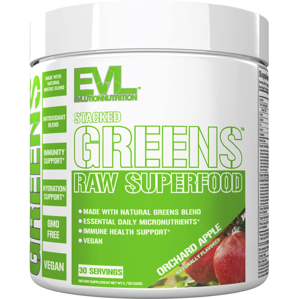 Evlution Nutrition Stacked Greens - 生のスーパーフード - 天然グリーンブレンド+エッセンシャルデイリーマイクロ栄養素 - 免疫 + ハイドレーションサポート - ビーガン&GMOフリー - 30サービング - Orchard Apple