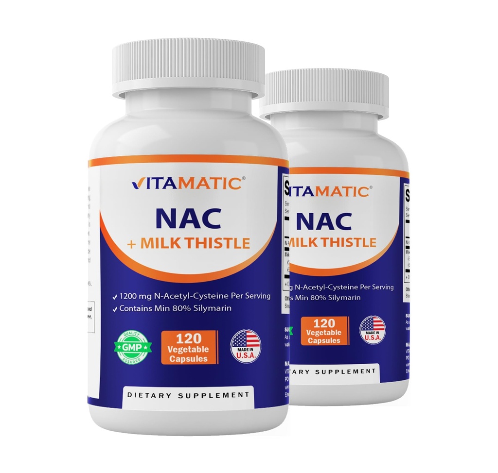 Vitamatic NACサプリメントN-アセチル-L-Cysteine(NAC)とミルクアザミ50:1抽出物 - 免疫、呼吸器、肝臓の健康をサポート、給餌あたり1200mg、120ベジカプセル - 2パック