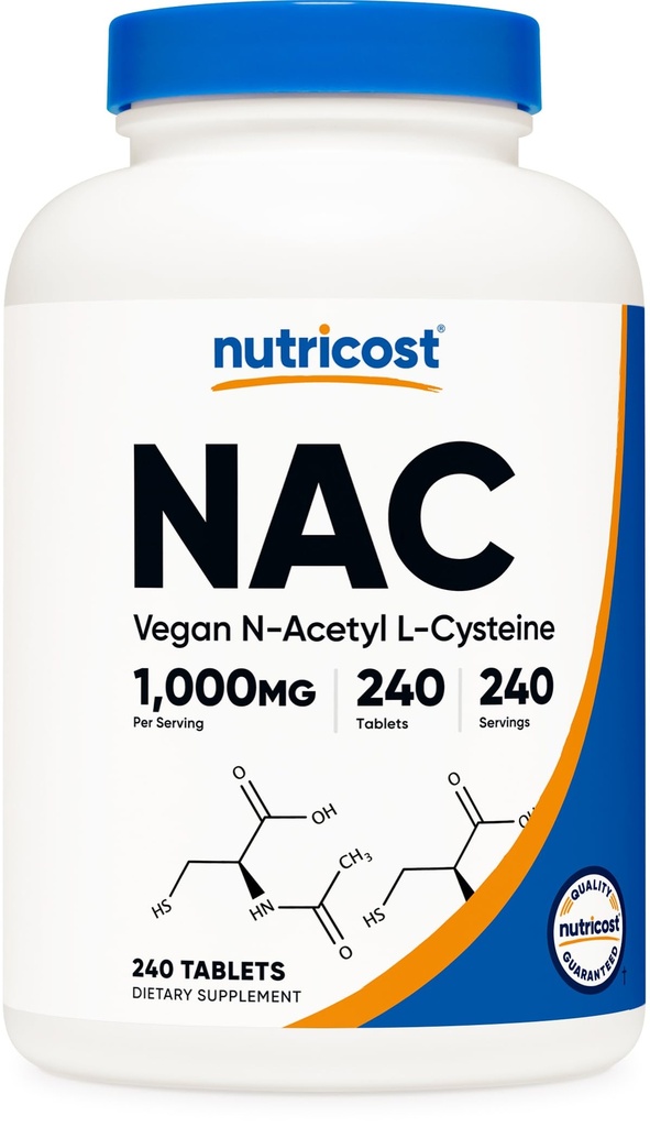 Nutricost N-Acetyl L-Cysteine (NAC) 1000 mg, 240 ビーガン錠 - GMOフリー, グルテンフリー, ベジタリアンサプリメント