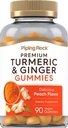 Piping Rock Turmeric and Ginger Gummies | 90 Count | Peach Flavor | Vegan Formula | Non-GMO, Gluten Free Supplement