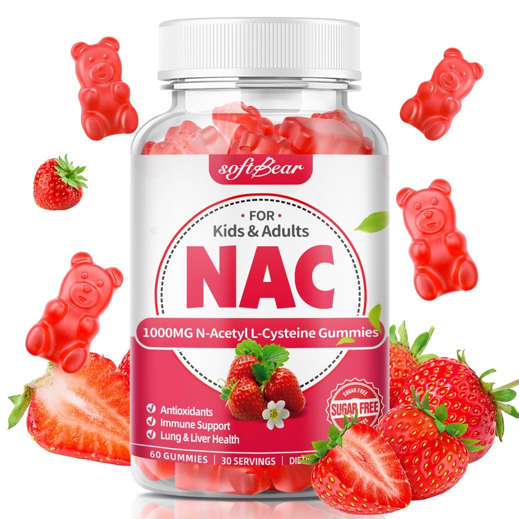 キッズ&大人のためのsoftbear NACグミー、NACサプリメント1000mg Nアセチルシステインは、肺&肝臓の健康、抗酸化剤&免疫システム、イチゴ味60カウントをサポートしています