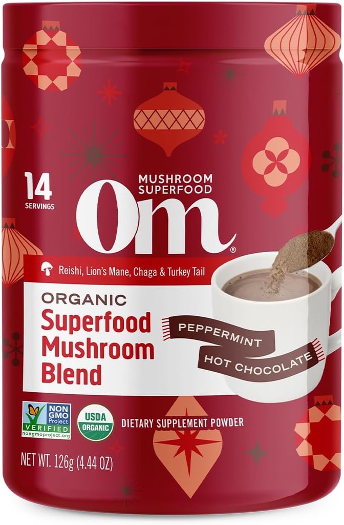 Om のきのこのスーパーフードのペパーミントの熱いチョコレート ブレンド–ライオンのマネ、Reishi、Chaga 及び トルコの尾が付いているココアのきのこの粉–免疫の健康、焦点及び圧力サポート– 4.44 oz のキャニスター(14 のサービング)