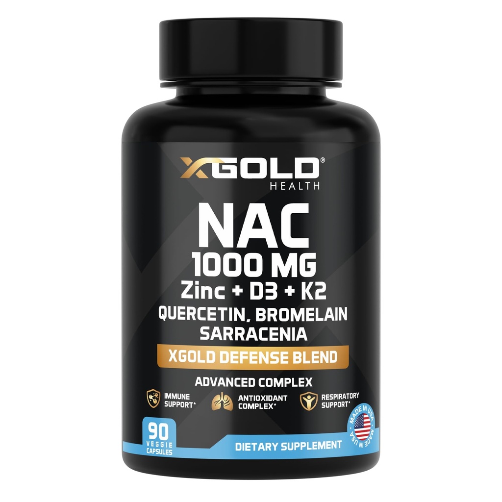 XGoldの健康NAC 1000はケルセチン95%、Bromelain、亜鉛、ビタミンC、D3及びK2の免疫力サポート及び酸化防止の補足の高度の防衛ブレンド90の野菜のカプセルとmgをmgに入れます