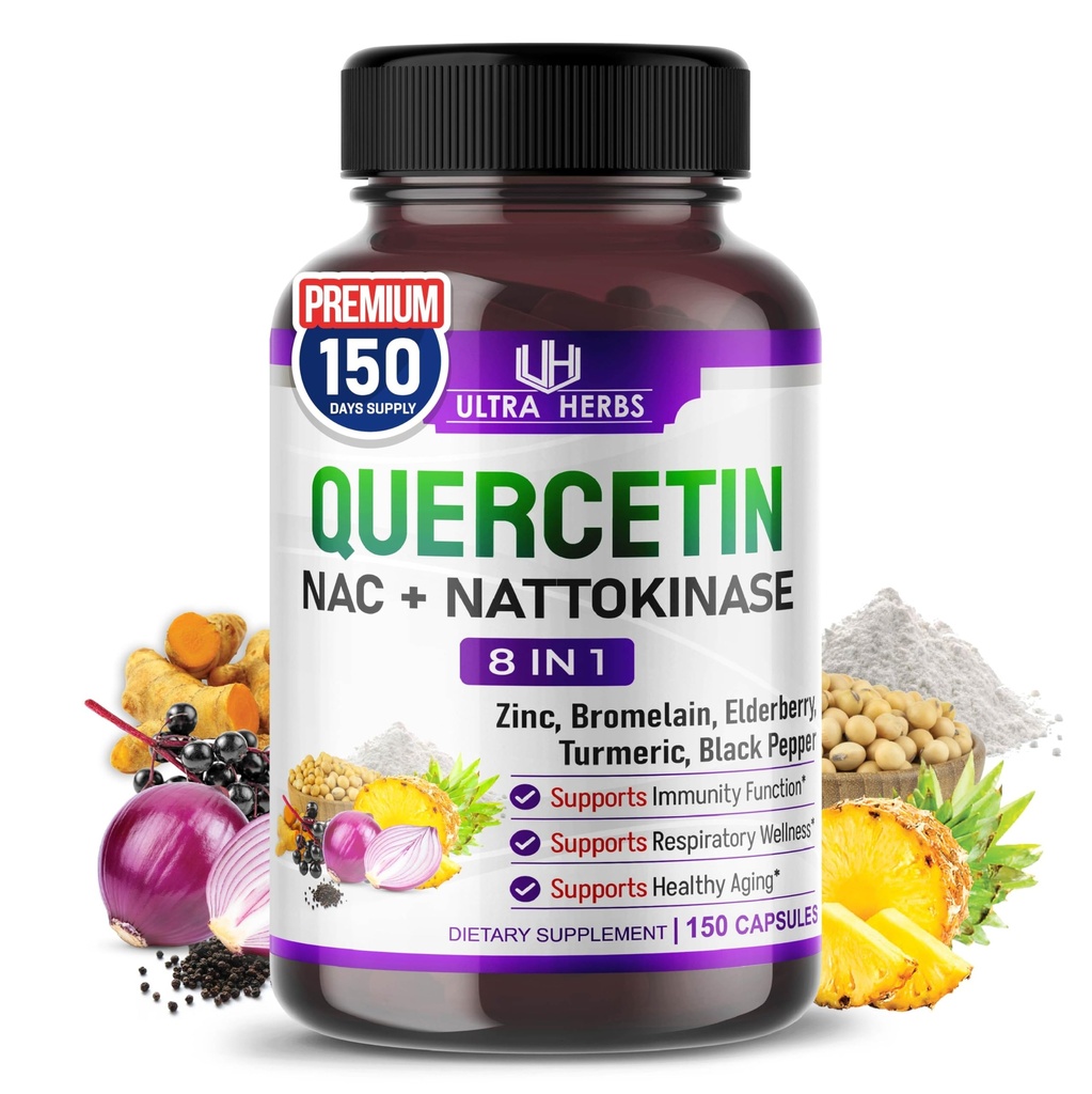 Bromelain、ビタミンC、亜鉛、Natokinase、NAC、Elderberry、Elderberryとのケルセチンサプリメント | 8 in 1 免疫の健康のための超抗酸化複合体 | 150 カプセル