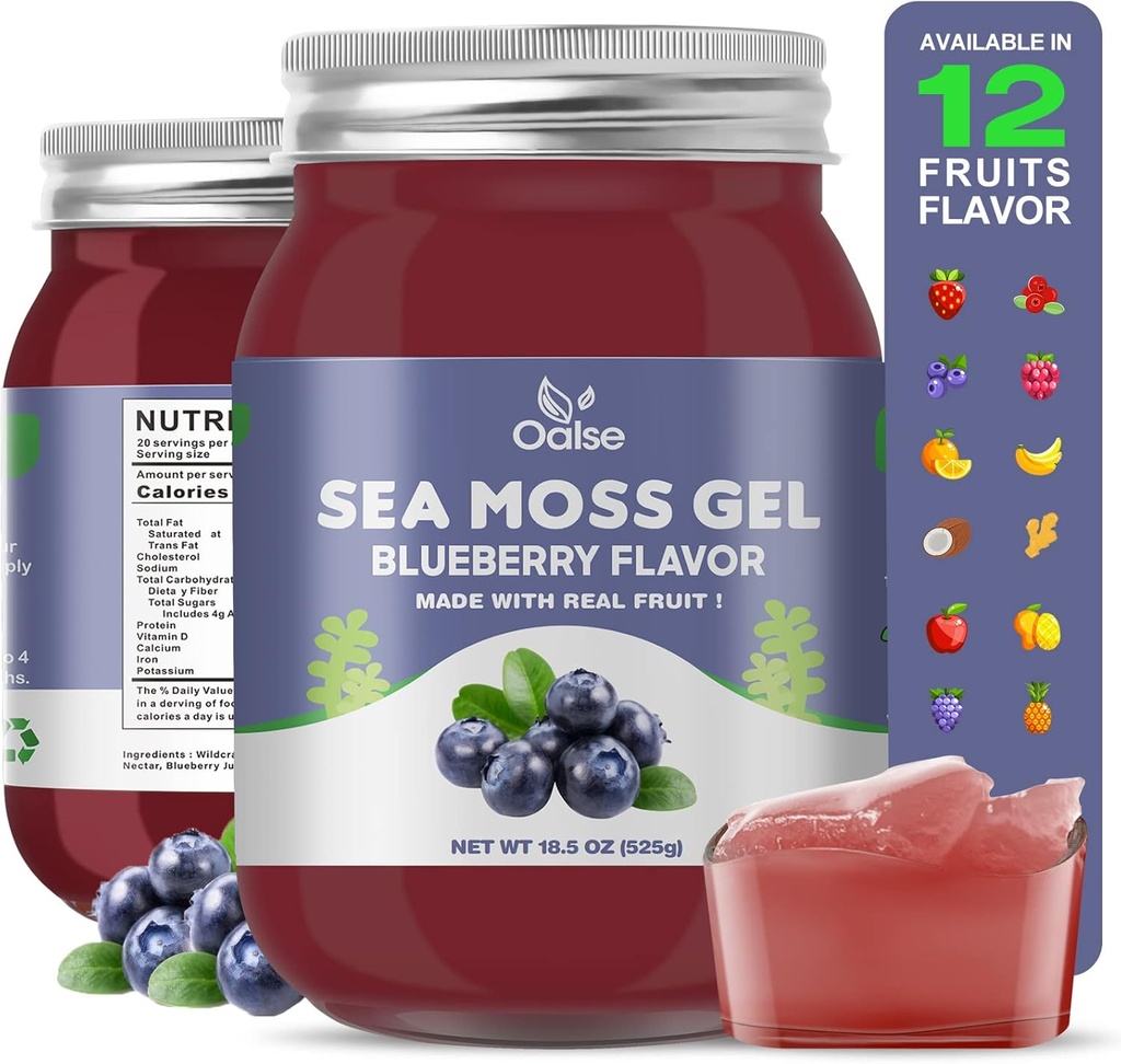 Sea Moss Gel - 18.5oz Blueberry Flavor Raw Nutritious Sea Moss Gel in Minerals, Proteins & Vitamins, Vegan-Friendly, 2 Tablespoon Daily