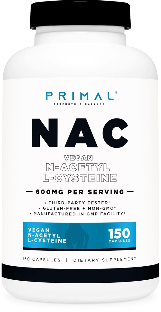 Primal N-Acetyl L-Cysteine (NAC) 600mg、150カプセル - ビーガンN-アセチルL-Cysteineサプリメント、GMOフリー、グルテンフリー