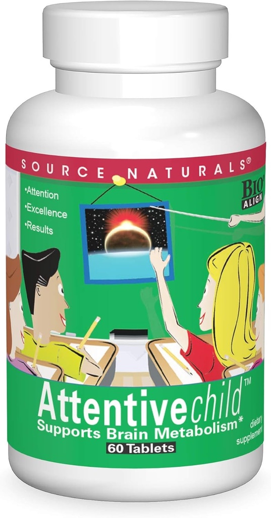 Source Naturals Attentive Child - Healthy Cognitive Nutrients for Active Children - Improved Focus & Attention with DMAE, Magnesium, Zinc & Grape Seed Extract - 60 Tablets