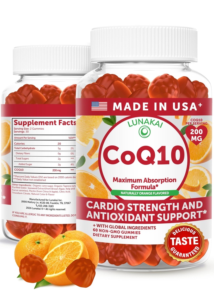 ルナカイUSAは大人のためのCoQ10のグミーを作りました - 200mgの毎日の中心のための高い効力のCoenzyme Q10の補足、女性及び人、非GMO、60ctのためのエネルギー及び酸化防止サポート