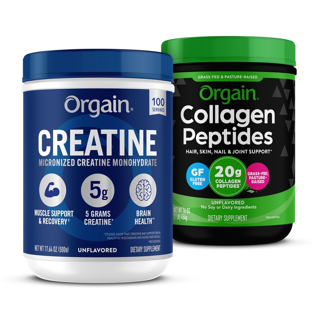 Orgainのクレアチンの Monohydrate の粉 17.64 Oz (100 のサービング)及びコラーゲンのペプチッド粉 1lb (20g の草の送りました) 束-筋肉、頭脳、皮及び接合箇所サポートのための不燃で、非 GMO の補足