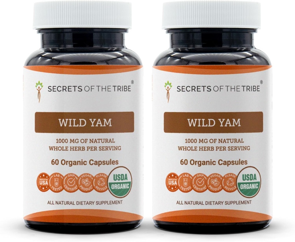 トリブワイルドヤムカプセルの秘密 1000 mg レスポンサリーファームUSDAオーガニックワイルドヤム(ジオスコレアビヨサ)ドライルート、ホルモンサポートサプリメント(2x60カプセル)