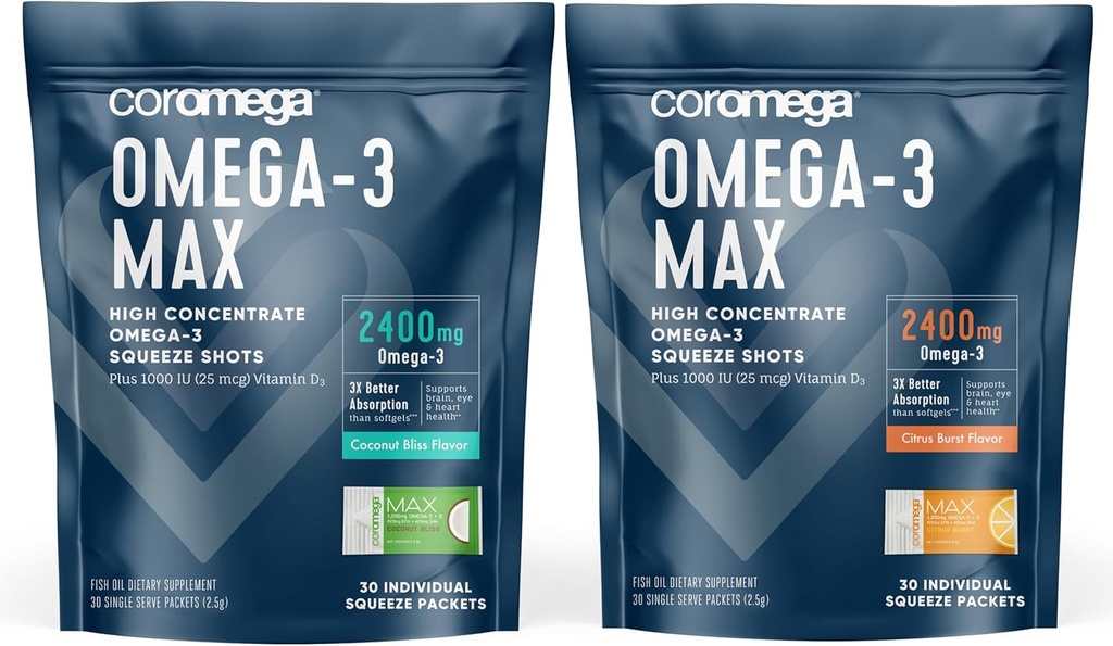 Coromega Omega-3の魚油の束– 2400mg Omega-3s +ビタミンDの3Xよりよい吸収、Fishy Aftertaste無し、ココナッツ ブリス及びCitrusのバーストの味、60のスクイーズのパケット