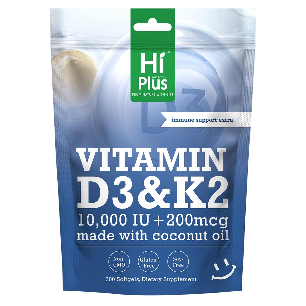 ビタミンD3 10,000 IU + K2 200 mcg、300 Softgels | ココナッツオイル | 2-in-1 Bone、免疫&ハートサポート | 飲みやすい、非GMO