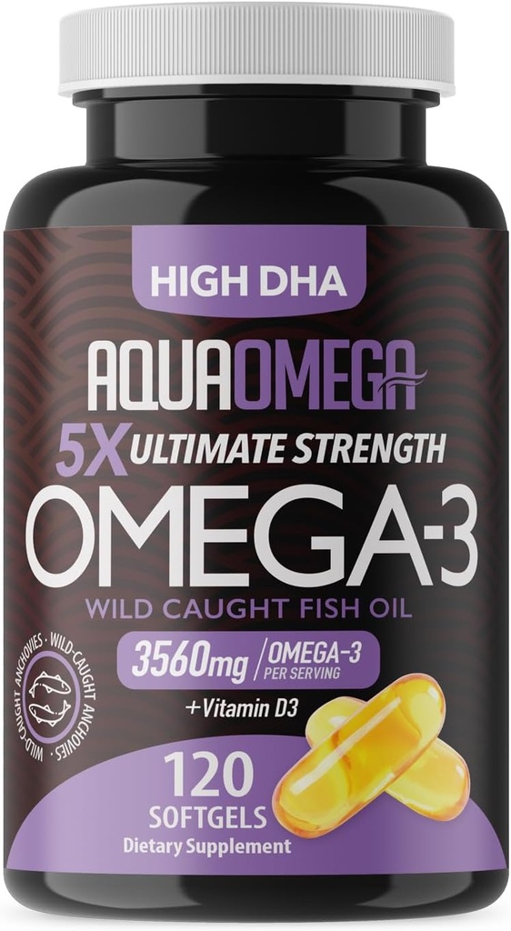 5X Ultimate Strength Omega 3 Fish Oil Supplements with EPA and DHA Omega-3 Fatty Acids and Vitamin D, Burpless Fish Oil Omega3 with High DHA Supplements, Unflavored Omega3 Supplement, 120 Softgels