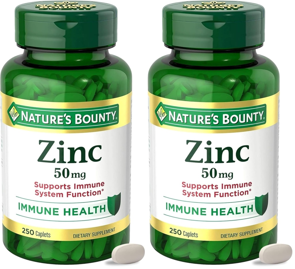 Nature's Bounty亜鉛50mg、Immuneサポート&抗酸化サプリメント、皮膚の健康を促進し、1日あたりのカプレット、グルテンフリー、250ベジタリアンカプレット、(2パック)