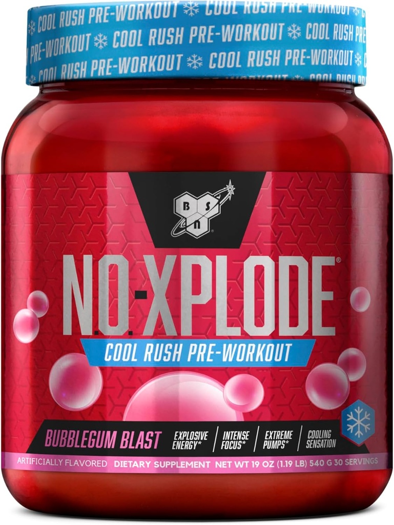 BSN N.O.-XPLODE Cool Rush Pre Workout Powder, Preworkout Energy Supplement for Men and Women with Creatine and Beta-Alanine, New Flavor: Bubblegum Blast, 30 Servings