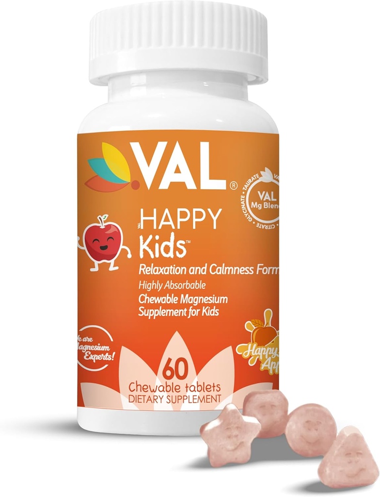 VAL Magnesium for Kids | High-Absorption Magnesium for Calm, Relaxation & Focus | Mg Glycinate, Citrate & Taurate | with Vitamin B6, D & C | Sugar-Free, Non-GMO | 60 Chewable Tablets