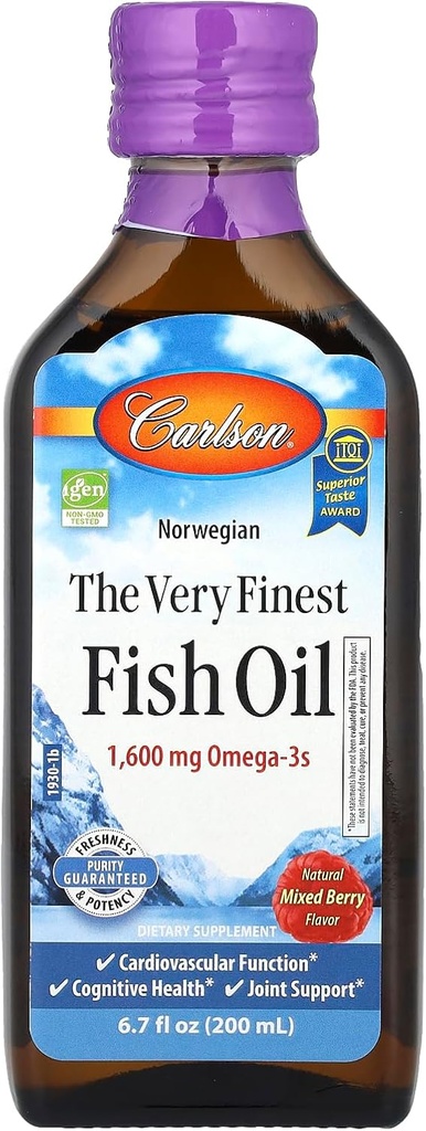 Carlson The Very Finest Fish Oil, 1600 mg Omega-3s, Mixed Berry Flavor, 200 mL – Liquid Norwegian Fish Oil, Wild-Caught & Sustainably Sourced