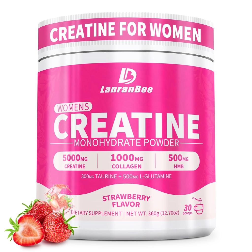 ランランビー クレアチン HMB のための 女性 5g の Micronized のクレアチンの Monohydrate の粉 筋肉サポートのためのコラーゲンのプレワークアウトの補足 エネルギー及び耐久性の砂糖 自由、いちごの味 30 のサービング