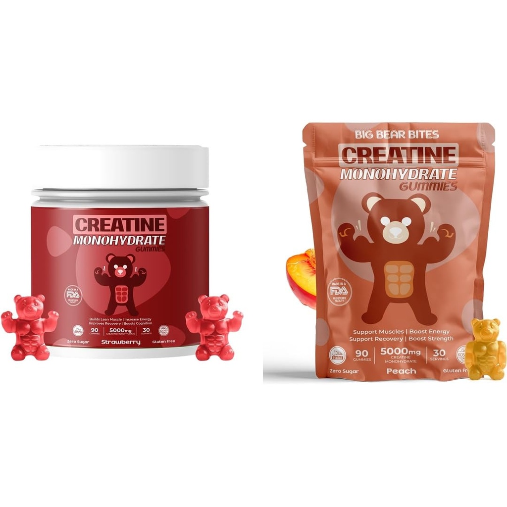 クレアチン モノハイド ガミーズ バンドル – いちご・ピーチ | 5000mg per サービング | 砂糖フリー・グルテンフリー・ハラール | 180 ガミー 合計 (2 x 90 カウント) | 男性・女性向け