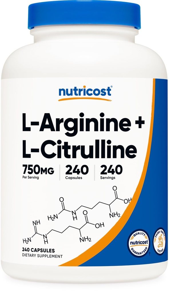 Nutricost L-Arginine L-Citrulline Complex 750mg、240カプセル - 非GMO