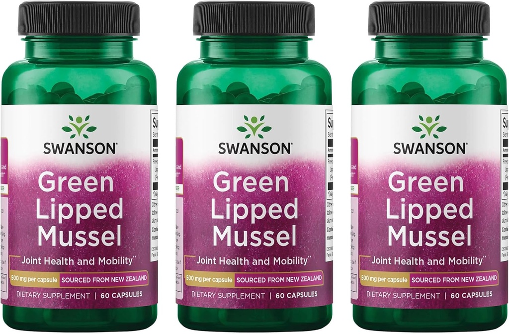 Swanson Green Lipped Mussel(Freeze-Dried) - ニュージーランド共同健康&モビリティサプリメント - ナチュラルフォーミュラは、心の健康と消化機能をサポート - (60カプセル、500mg各) (3パック)