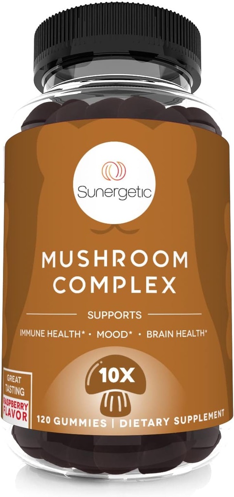 Sunergeticの優れたキノコのグミーサプリメント - 免疫の健康、脳、気分とストレスサポート - ライオンズマネ、チャガエキス、レイシ、トルコテール、コルディプス(120グミー)とキノコブレンド